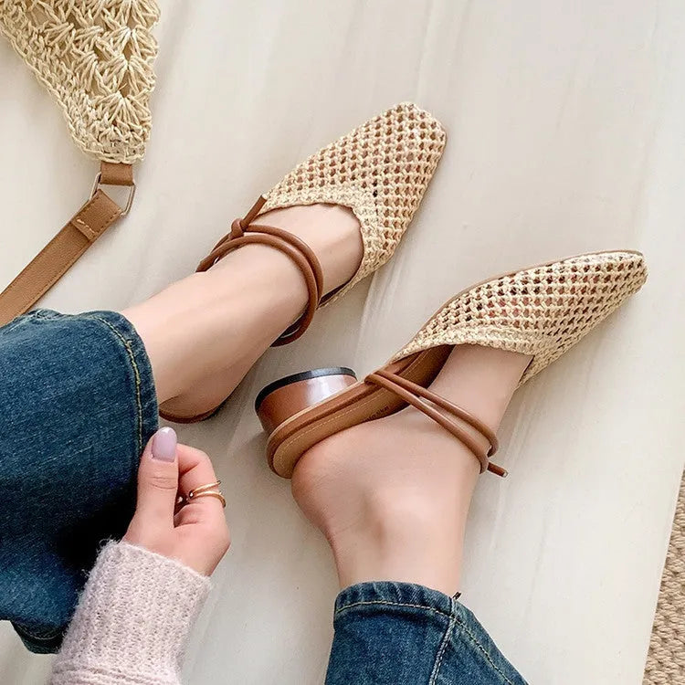 French style women's square toe slippers with hollow-out breathable design and retro thick heel