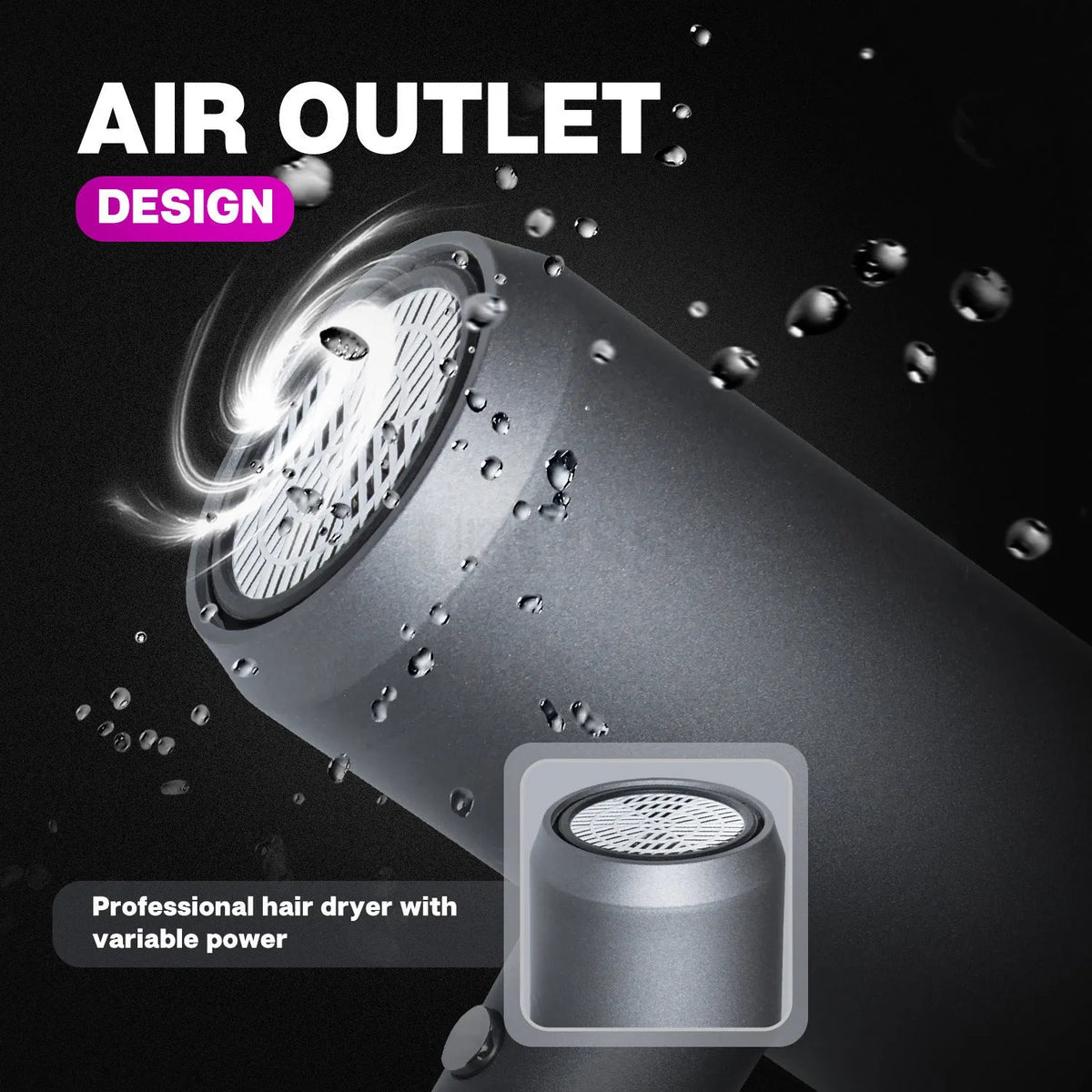 Grey PA nylon hair dryer with hot and cold air, three speed gears, diffuser and air collector, EU or US plug