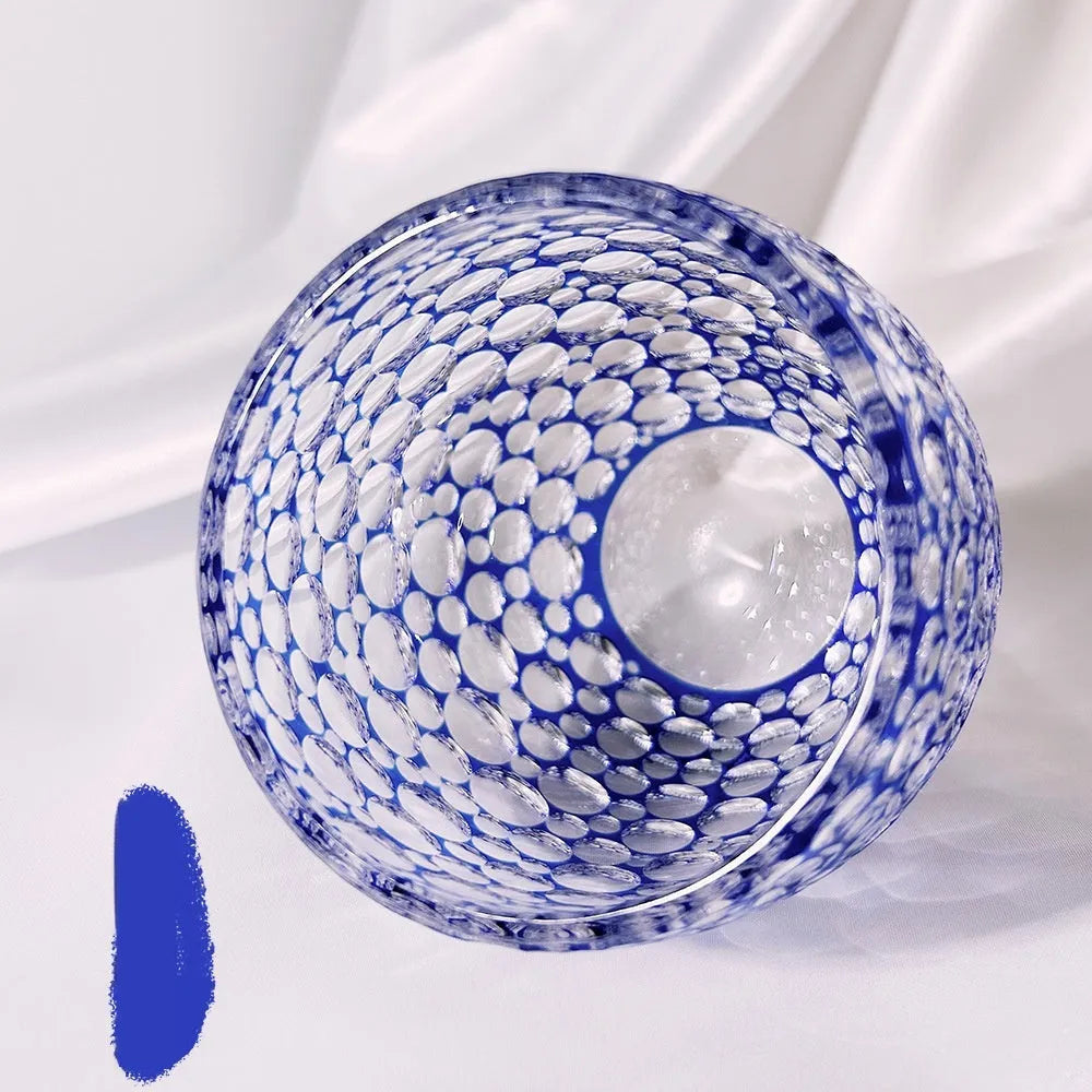 Sapphire blue hand carved crystal glass wine glass with bubble cut pattern, Japanese simple style