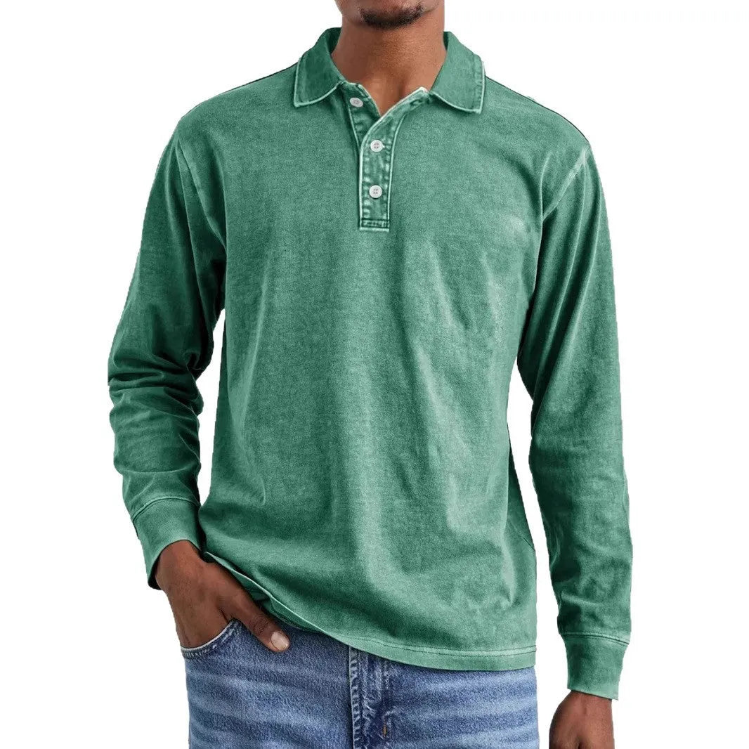 Men's long sleeve lapel polo shirt in washed cotton, shown in Army Green colour.