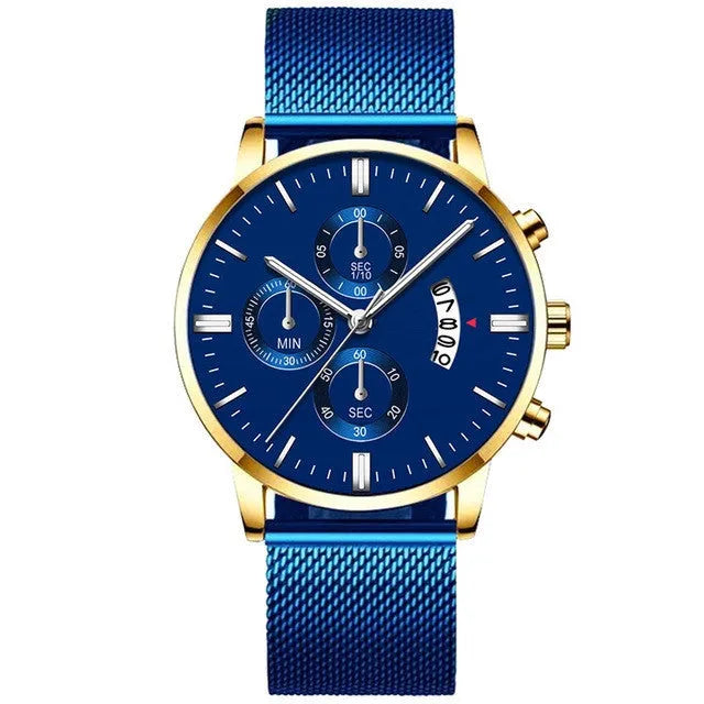 Men's stainless steel mesh band quartz watch in a two-tone colour option on a wrist.