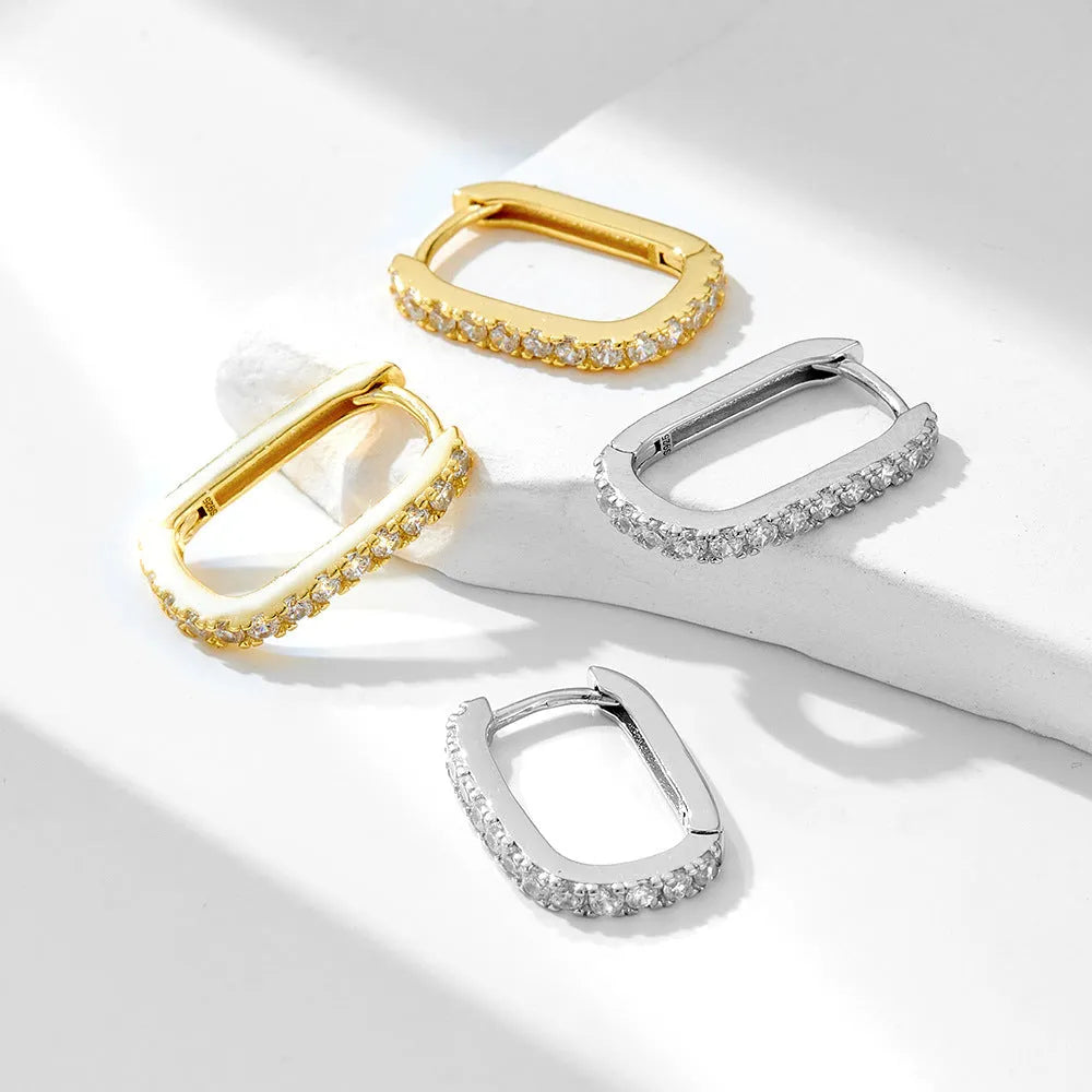 Sterling silver geometric ear clip earrings with oval zircon stones in European-American style