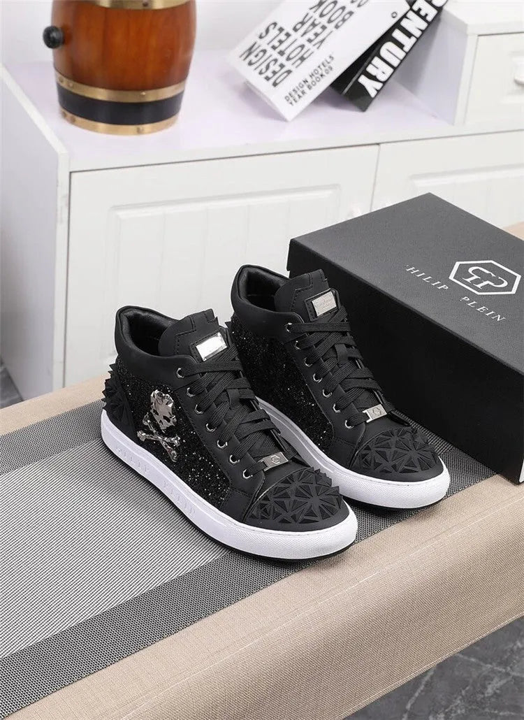 Men's black and red genuine leather high top skeleton shoes with lace-up front.