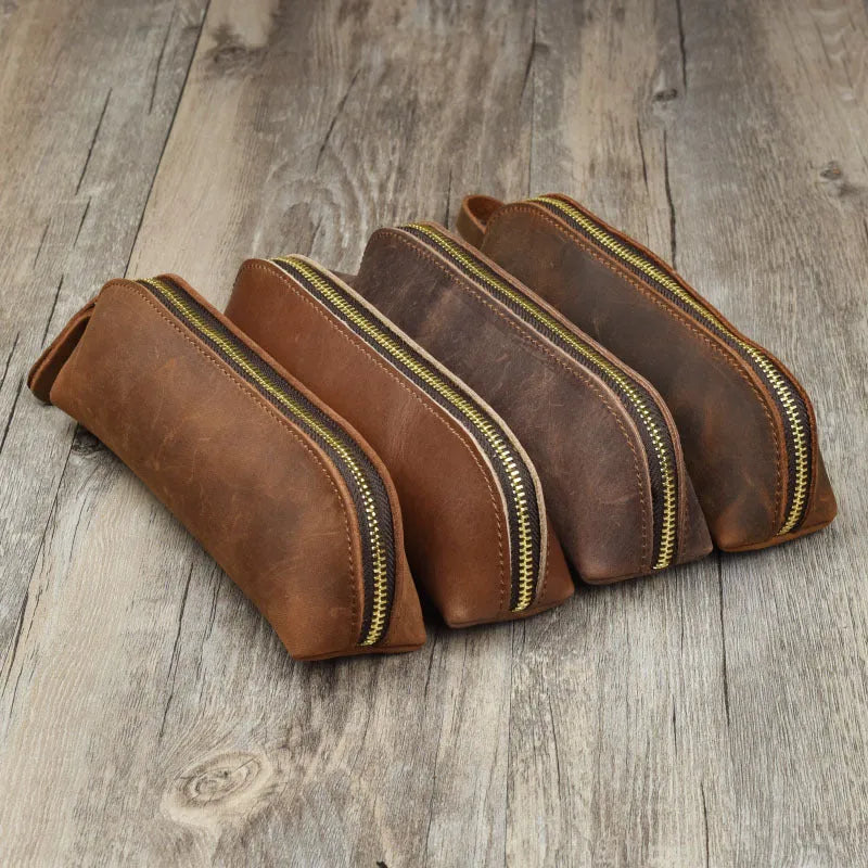 Handmade square leather pencil case with zipper closure measuring 18cm long in black cowhide