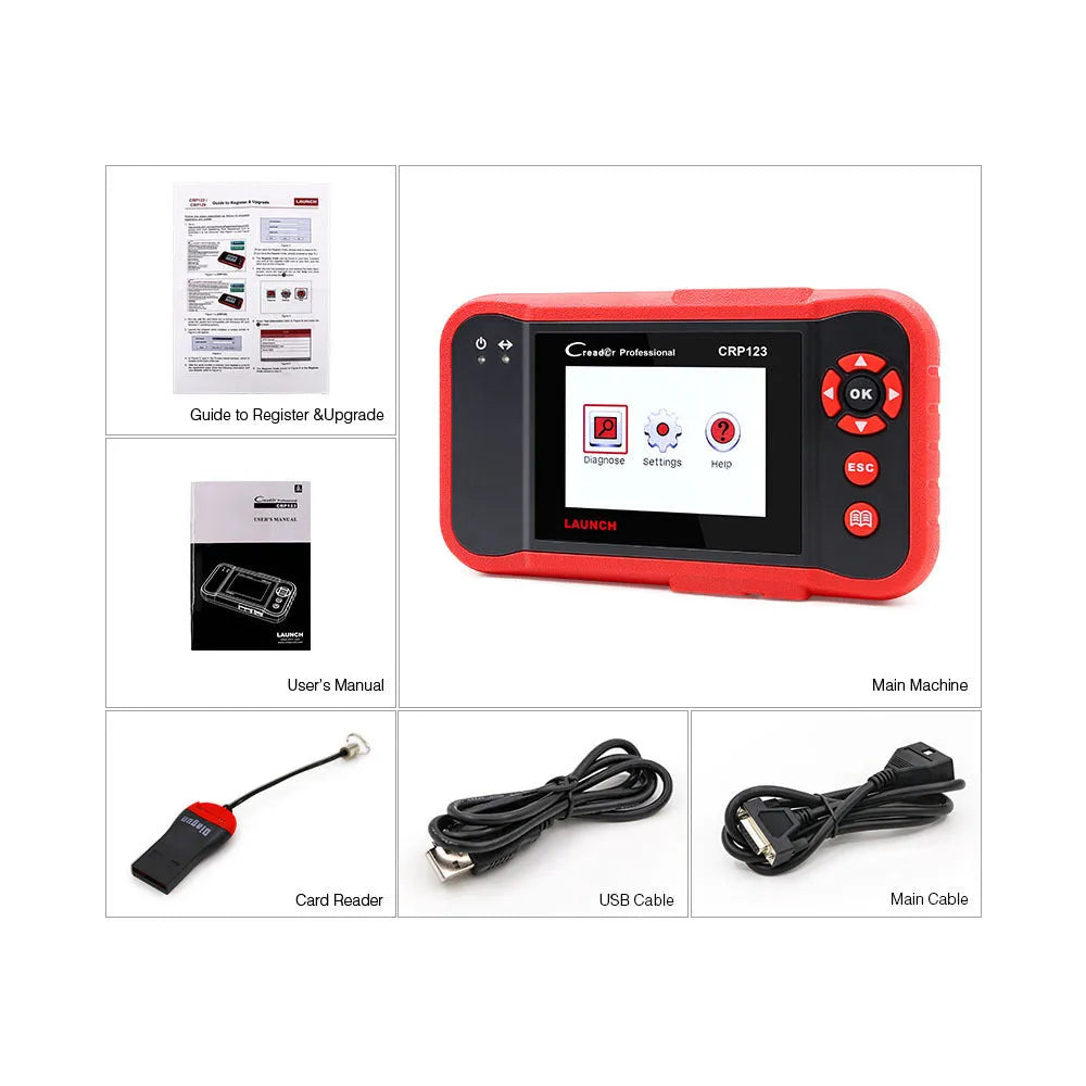 CRP123 handheld automotive diagnostic scanner with cables and accessories for vehicle fault code reading