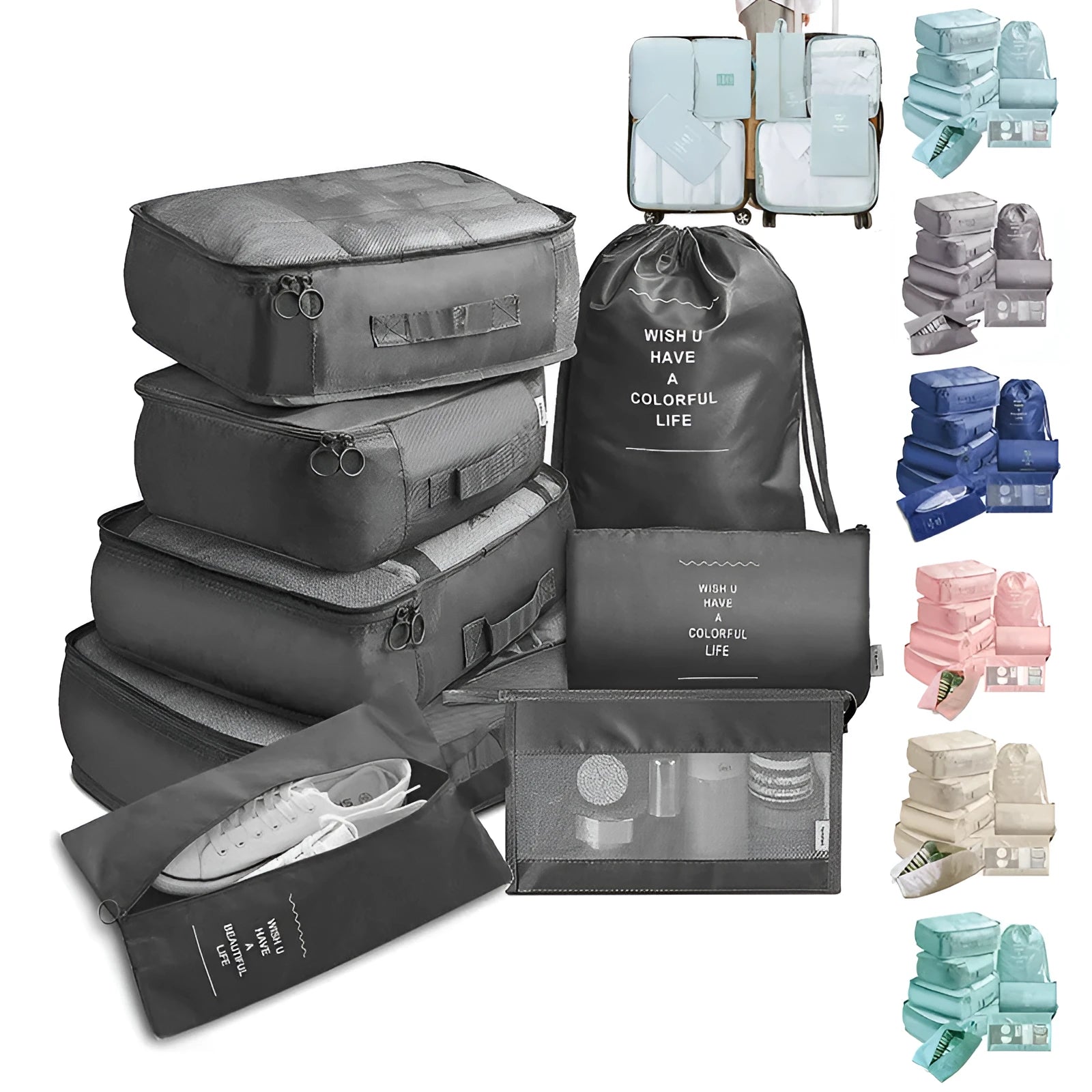 8-piece set of nylon packing cubes in various colours for travel storage of clothes, shoes, and toiletries