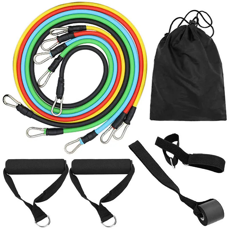TPE elastic band resistance rope set with carabiner clips in multiple colours for home training