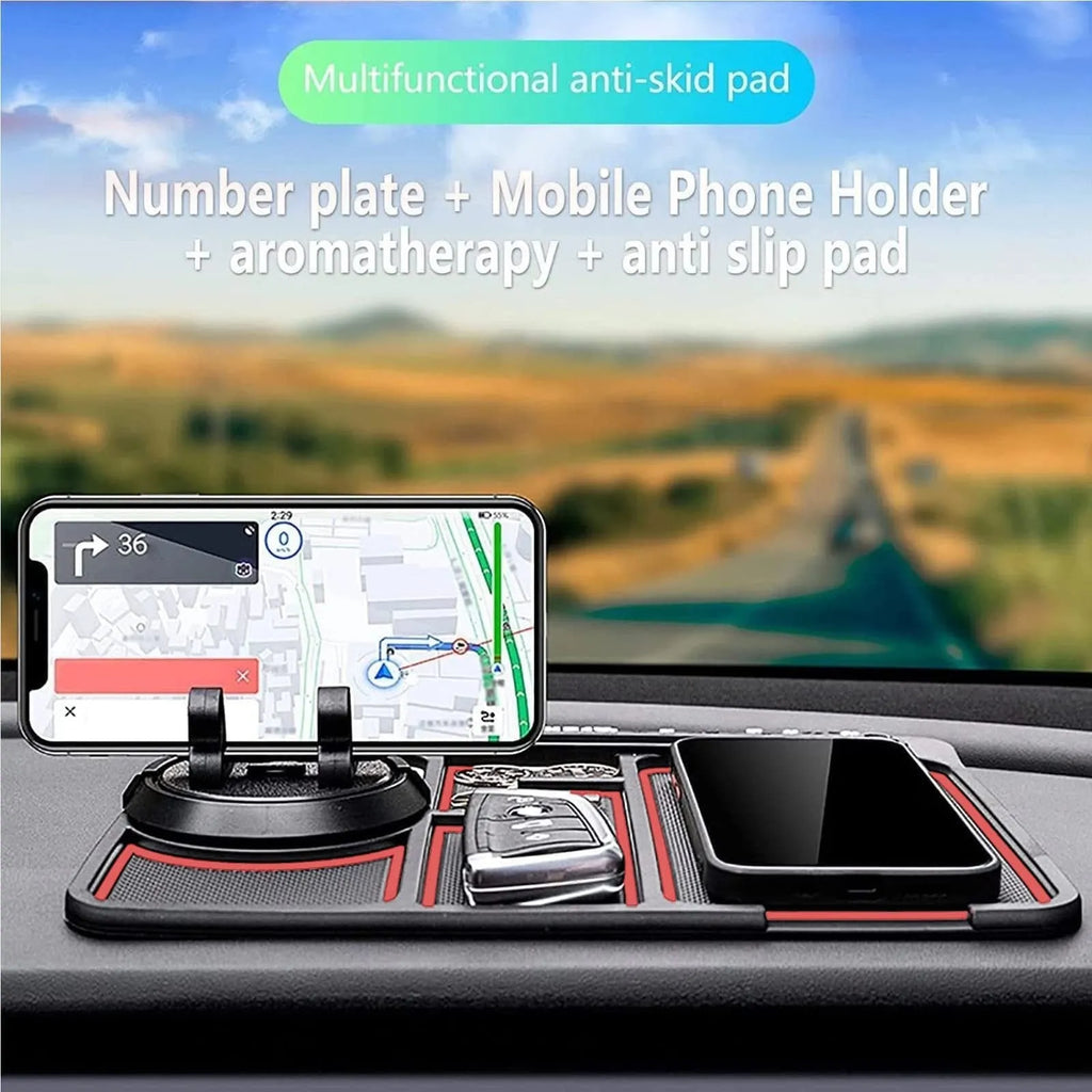 4-in-1 non-slip car phone pad with parking number card display, 360 rotation, PVC mat, 25x19cm