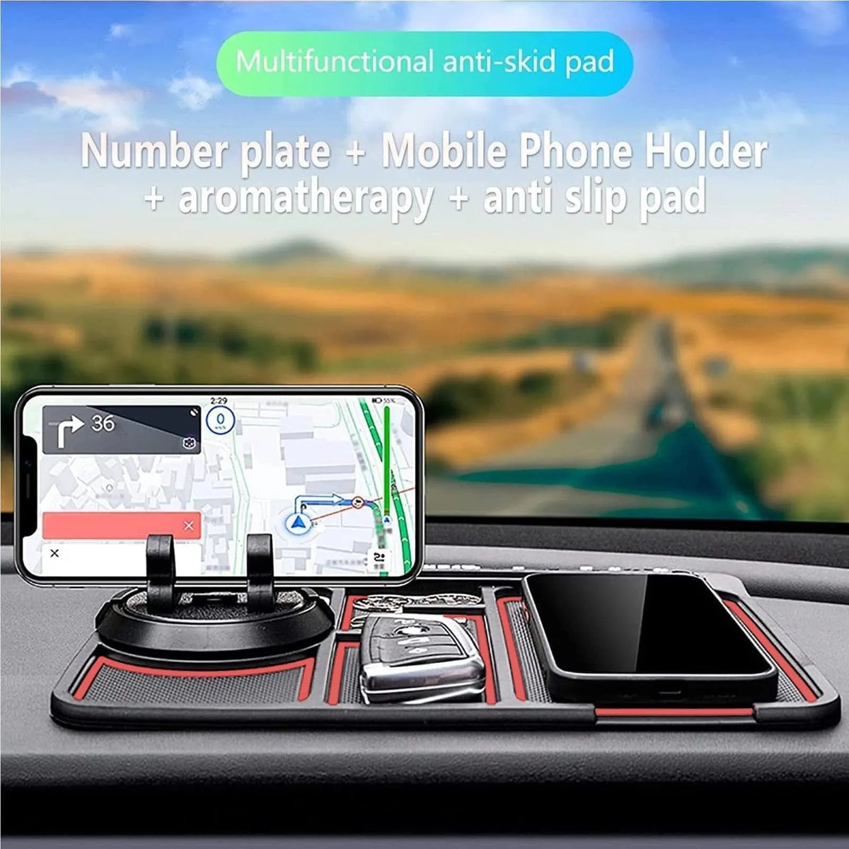 4-in-1 non-slip car phone pad with parking number card display, 360 rotation, PVC mat, 25x19cm