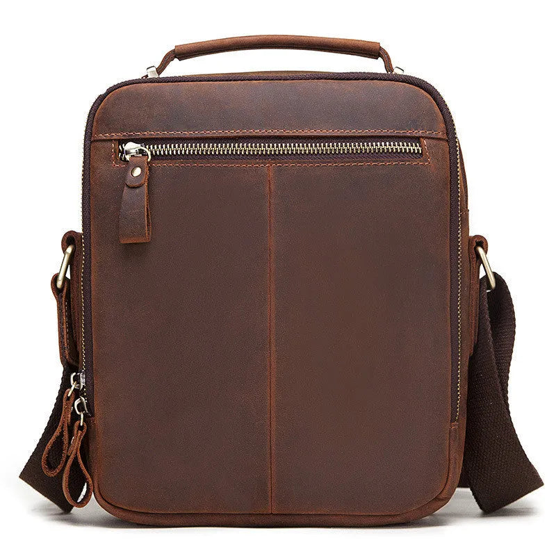 Men's brown crazy horse leather single-shoulder crossbody bag with sewing line detailing