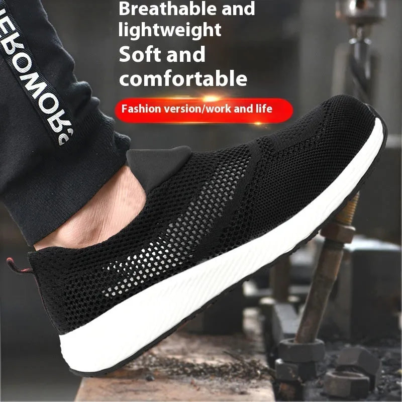 Men's lightweight anti-smash anti-puncture steel toe work safety shoes with mesh upper in black, blue, or red colours