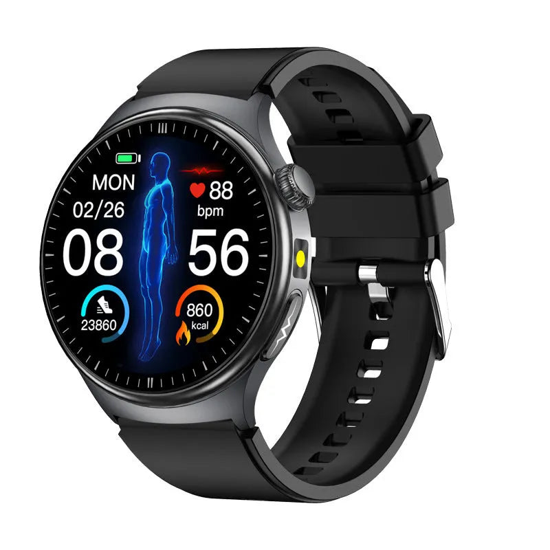 TK27 Bluetooth smart bracelet with black strap and 1.43 inch screen displaying health metrics, IP68 waterproof alloy metal shell