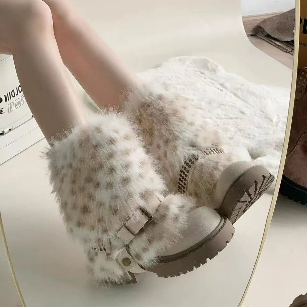 Women's mid-calf snow boots with faux plush lining, anti-slip rubber sole and slip-on design in beige