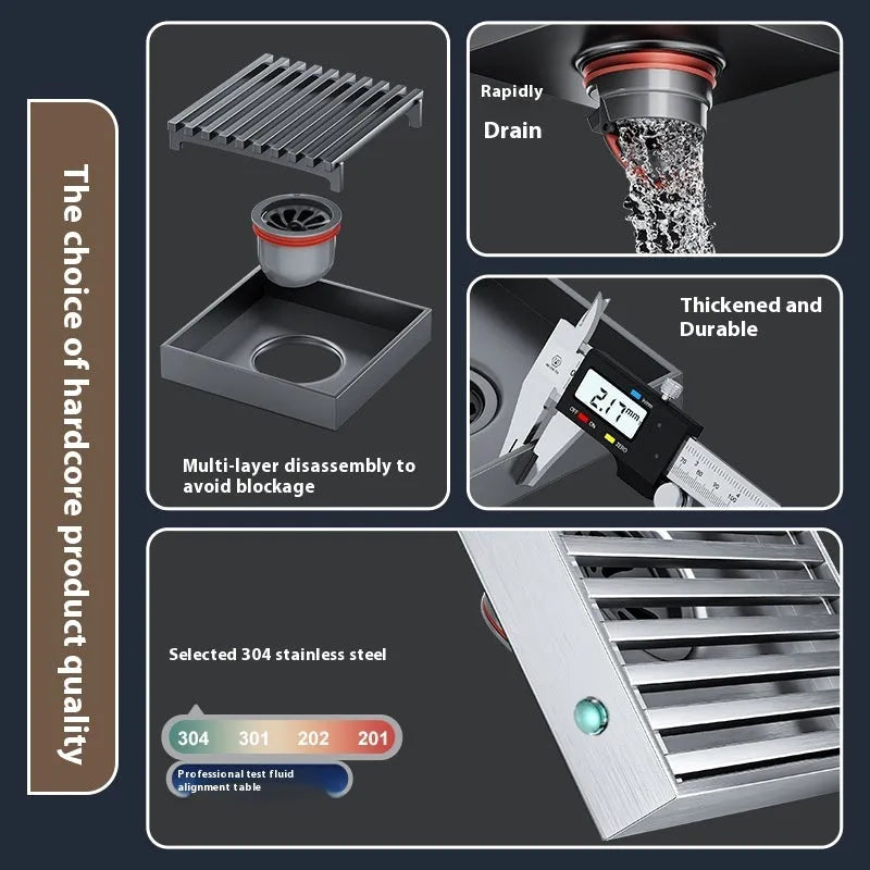 304 stainless steel courtyard floor drain with gun grey ABS plastic core, measuring 15x15 cm.