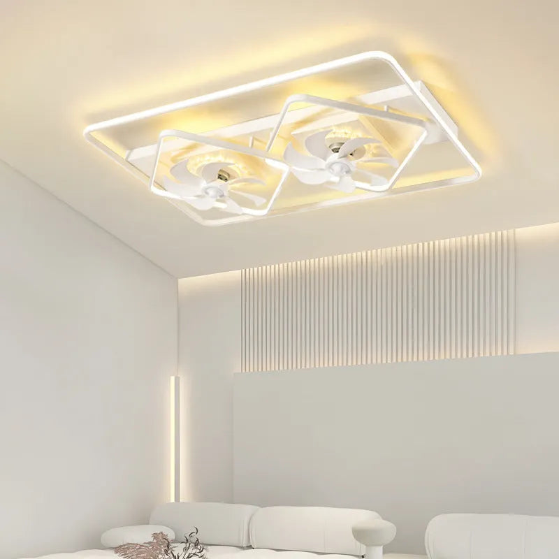 Modern white ceiling fan with light, showing plastic blades and an acrylic lampshade.