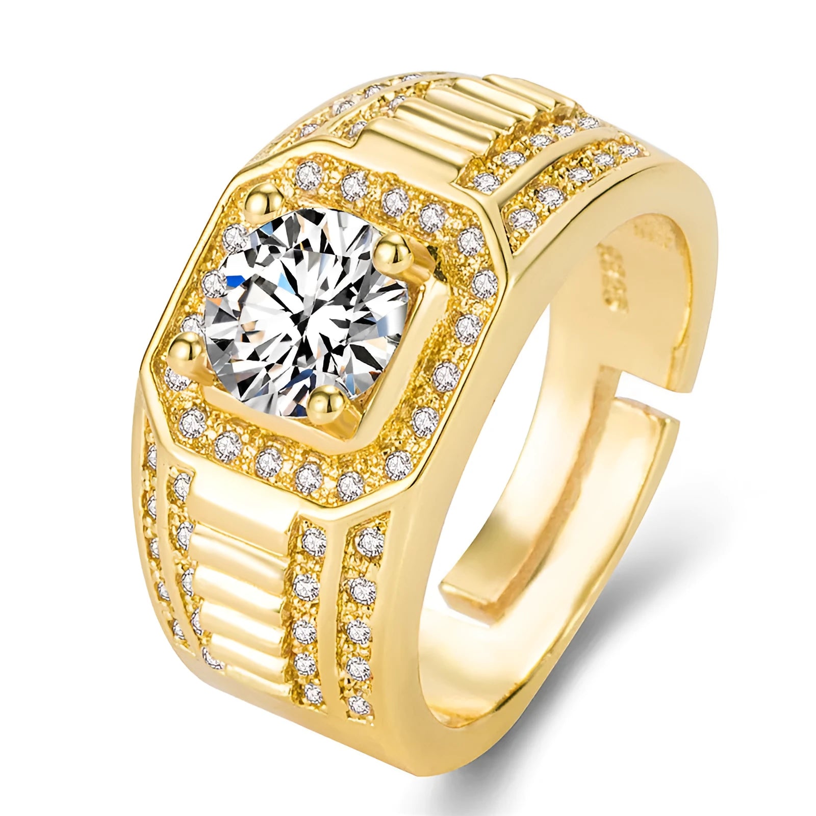 Men's adjustable copper ring with large square diamond in gold or platinum colour finish