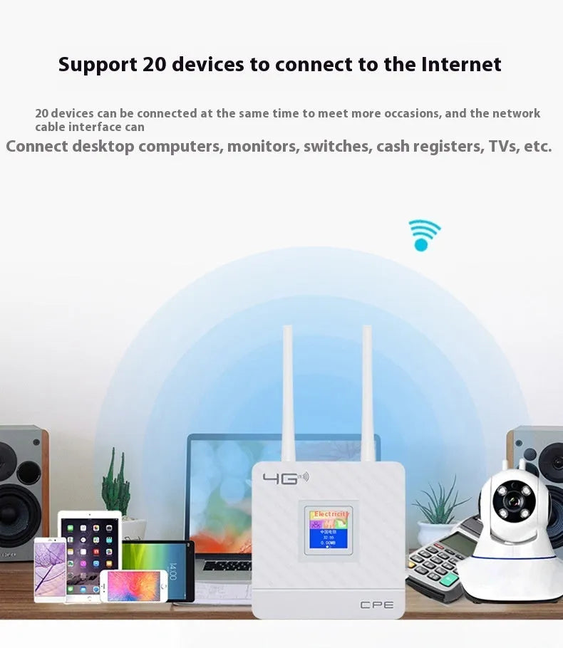 Home office LTE router with two antennas and USB cable on a desk