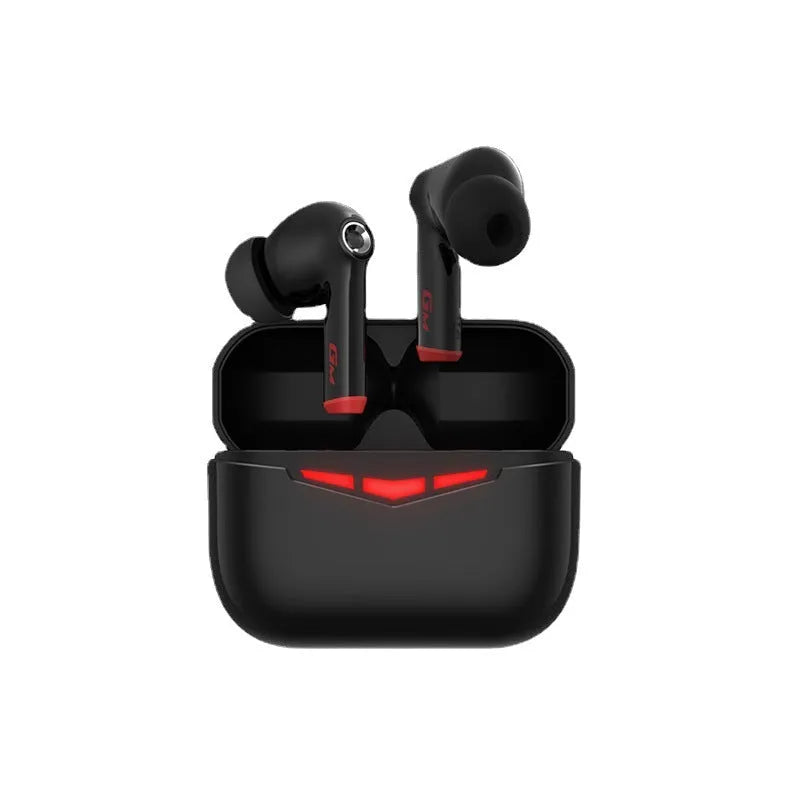 Black true wireless gaming earbuds and charging case on a grey background, showing the in-ear design.