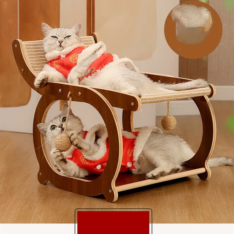 Solid wood frame sisal scratching mat serving as a raised cat bed in a walnut wood finish.