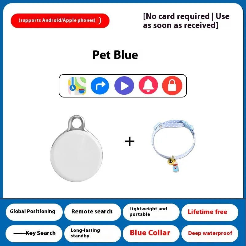 GPS pet tracking device attached to a dog collar, showing smartphone app connectivity.