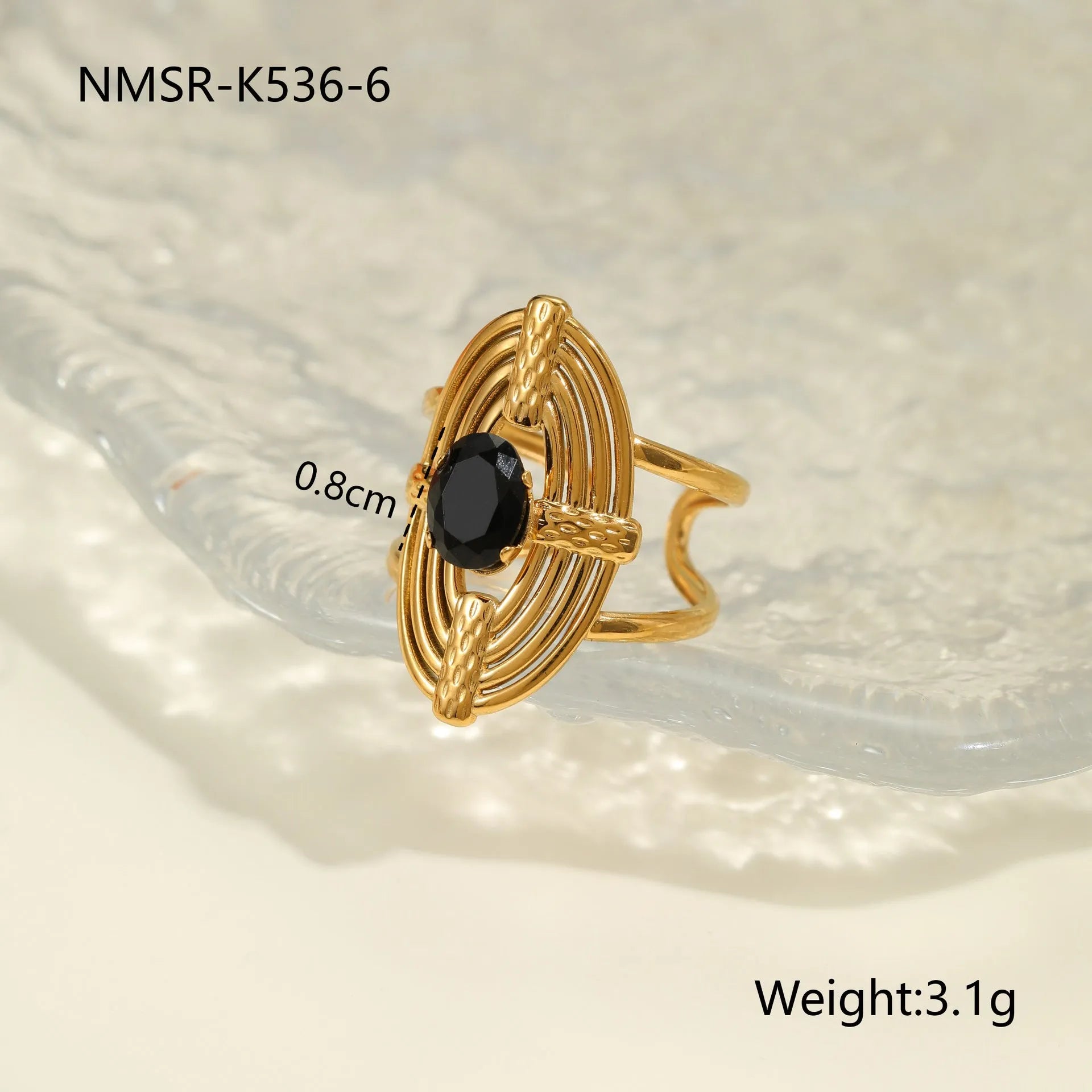 Adjustable open mouth women's ring with geometric design and zircon accents on stainless steel band