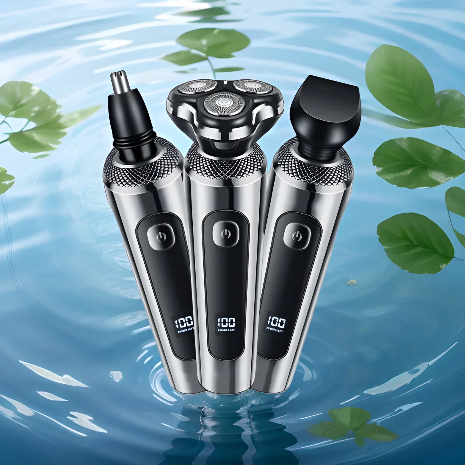 USB rechargeable beard trimmer with digital LED display on a five-in-one base bracket.
