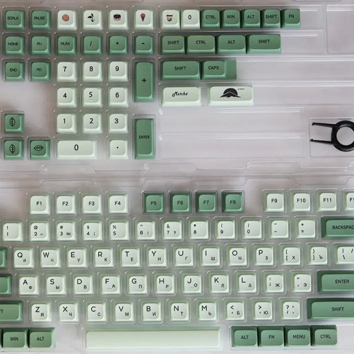Matcha coloured PBT keycap set with 124 keys showing multiple language legend options