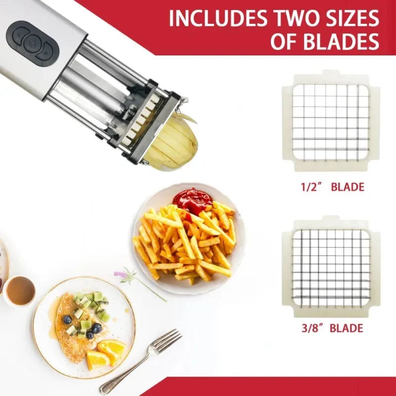 Black electric french fry cutter with stainless steel blades for cutting vegetables into bars