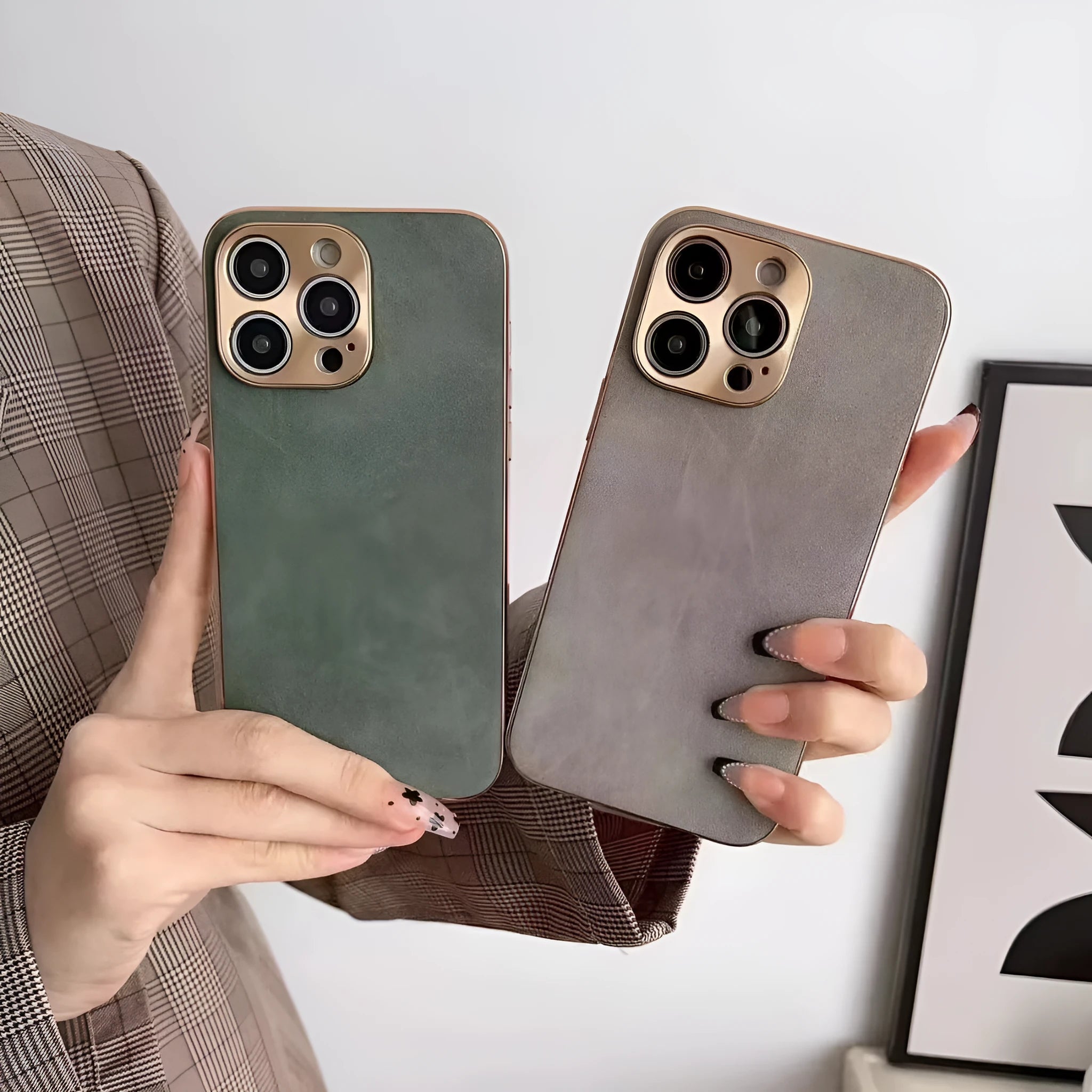 Leather texture grey-green TPU phone case fitted on an iPhone showing precise button and camera cutouts.