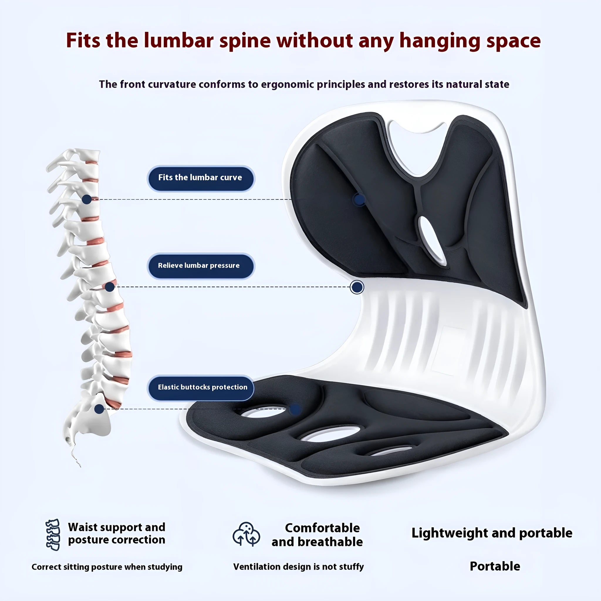Japanese style lumbar support cushion in grey or black with waist and back support for chairs