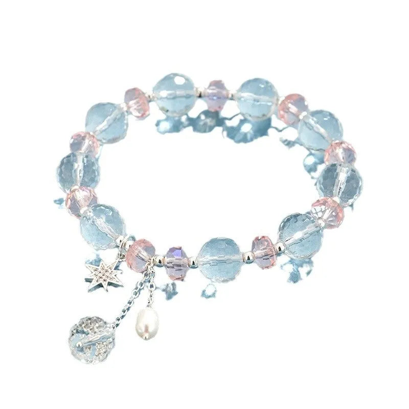 White crystal bracelet with Lucky Cat pendant, diamond shape beads, electroplated finish, Korean style women's jewellery