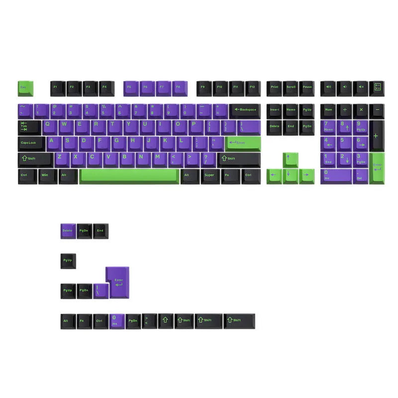 Positive engraved small full set 126 two-colour keycaps for mechanical keyboards in black and purple