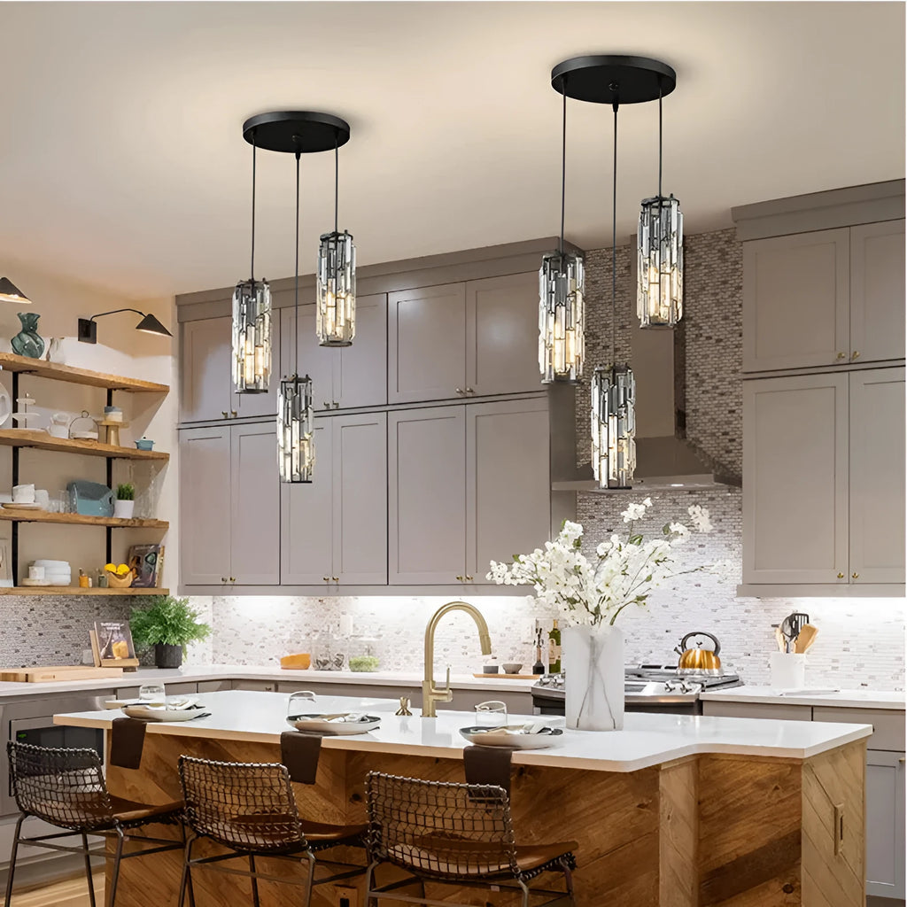 Single head industrial droplight ceiling pendant with crystal detail in black, chrome, or gold finish.
