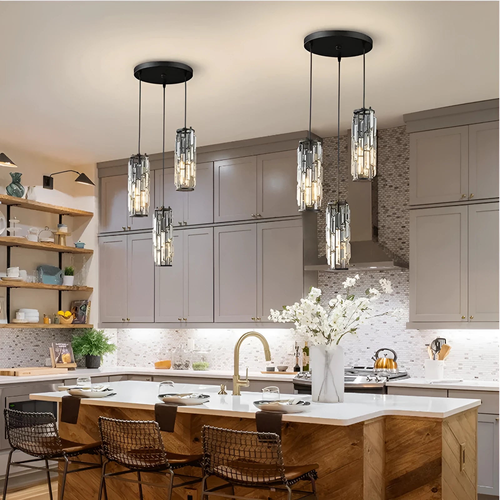 Single head industrial droplight ceiling pendant with crystal detail in black, chrome, or gold finish.