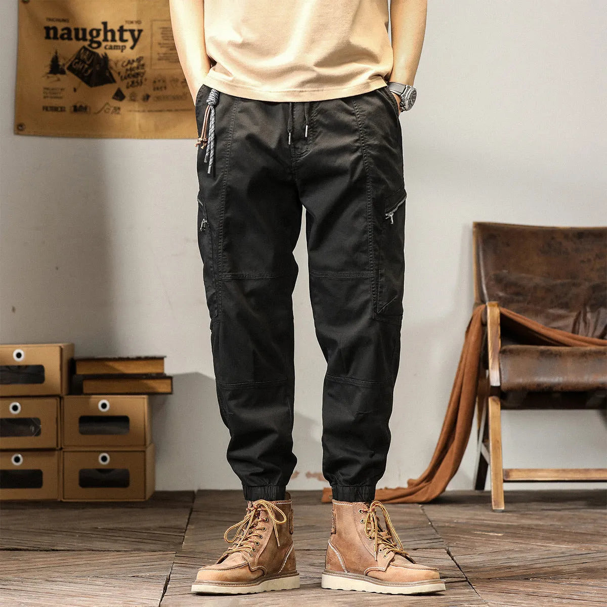 Men's khaki peacock green harem pants with tapered ankle bands and mid-waist design