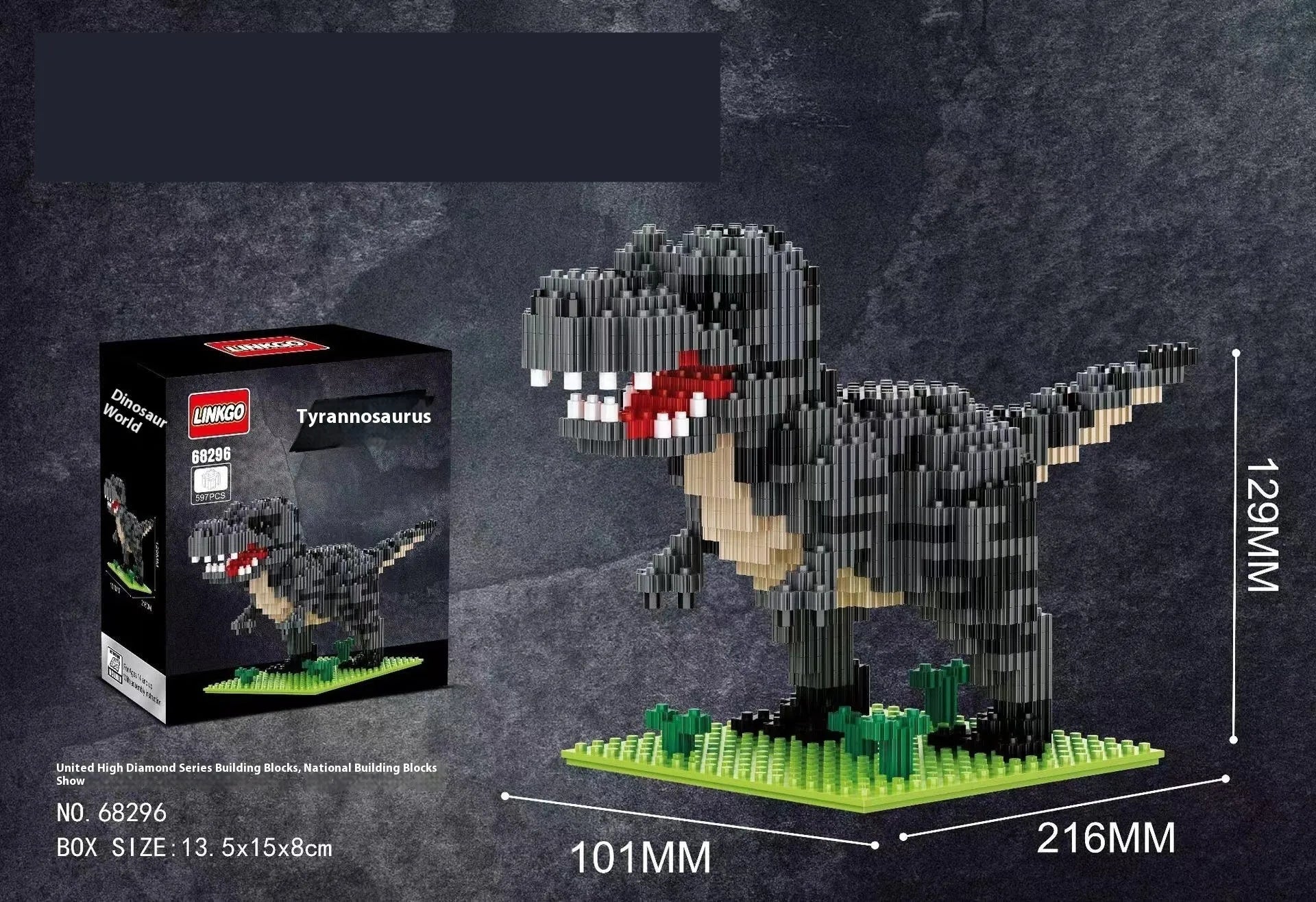 Dinosaur model building blocks set with small diamond particles in colour box packaging