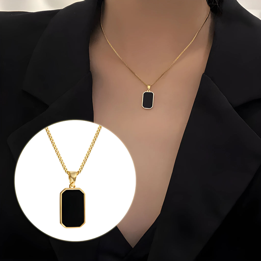 Rectangular pendant necklace in 18K gold plated titanium steel with box chain, black geometric design, 41-50cm.