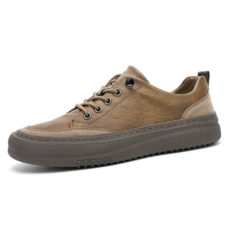 Men's black round toe leather shoes with lace-up front and rubber sole
