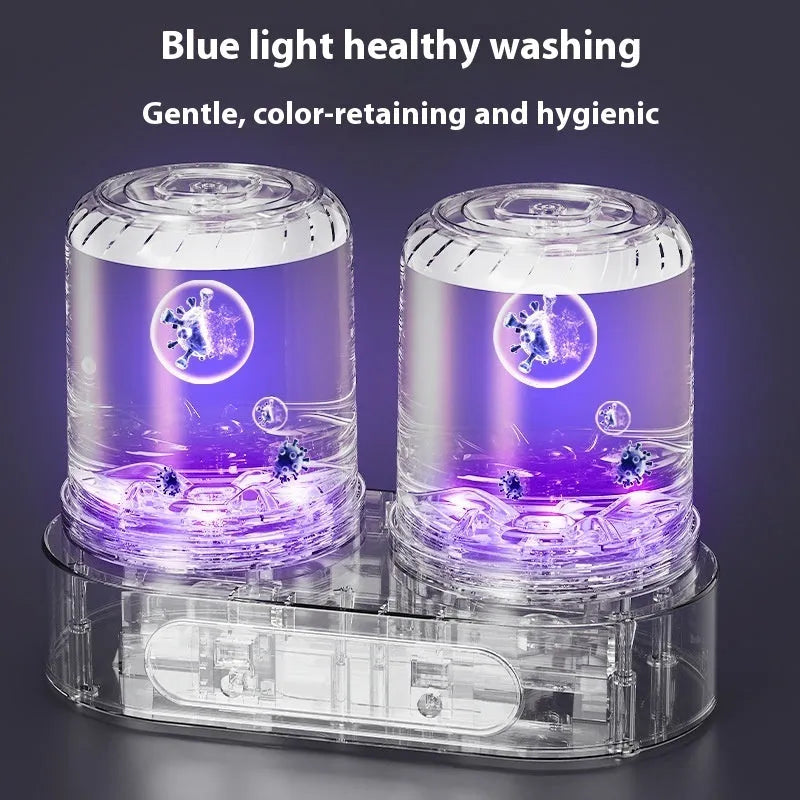 White Double Bucket Laundry Cup mini washing machine with USB cable and two separate washing tubs.