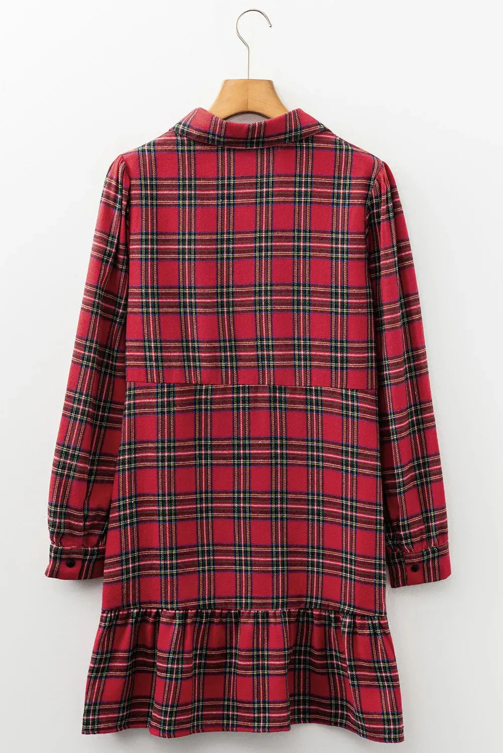 Red plaid mini dress with shirt collar, half button front, long sleeves, and ruffle hem, sizes S to XL