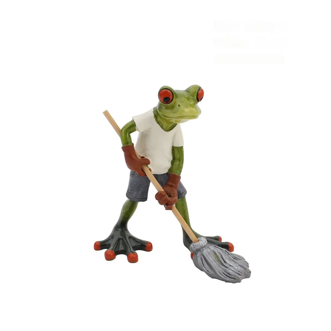 Pastoral style green resin frog decoration figurine on a wooden shelf.