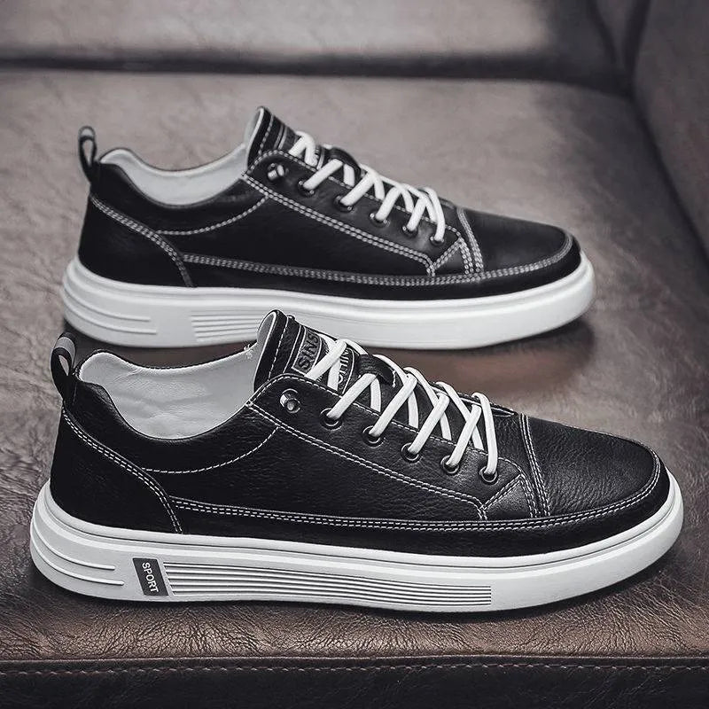 Men's white casual shoes with round toe and low flat heel, Korean style shallow opening.
