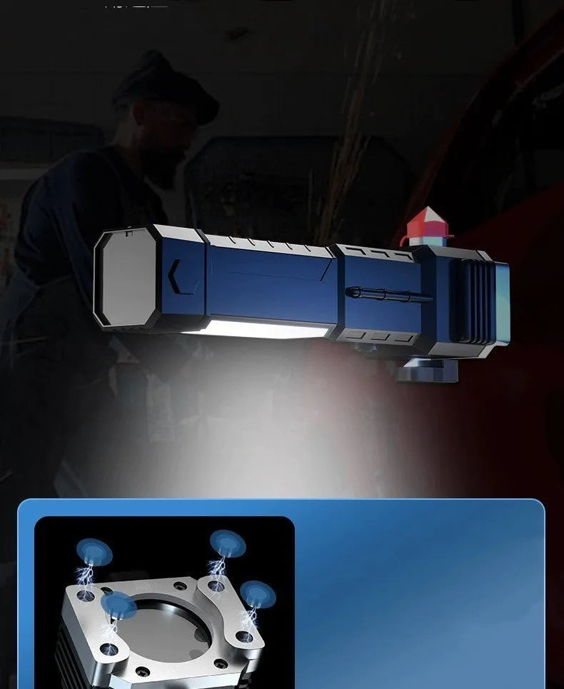 Silver plastic LED flashlight with power bank functionality and IP44 splash protection rating