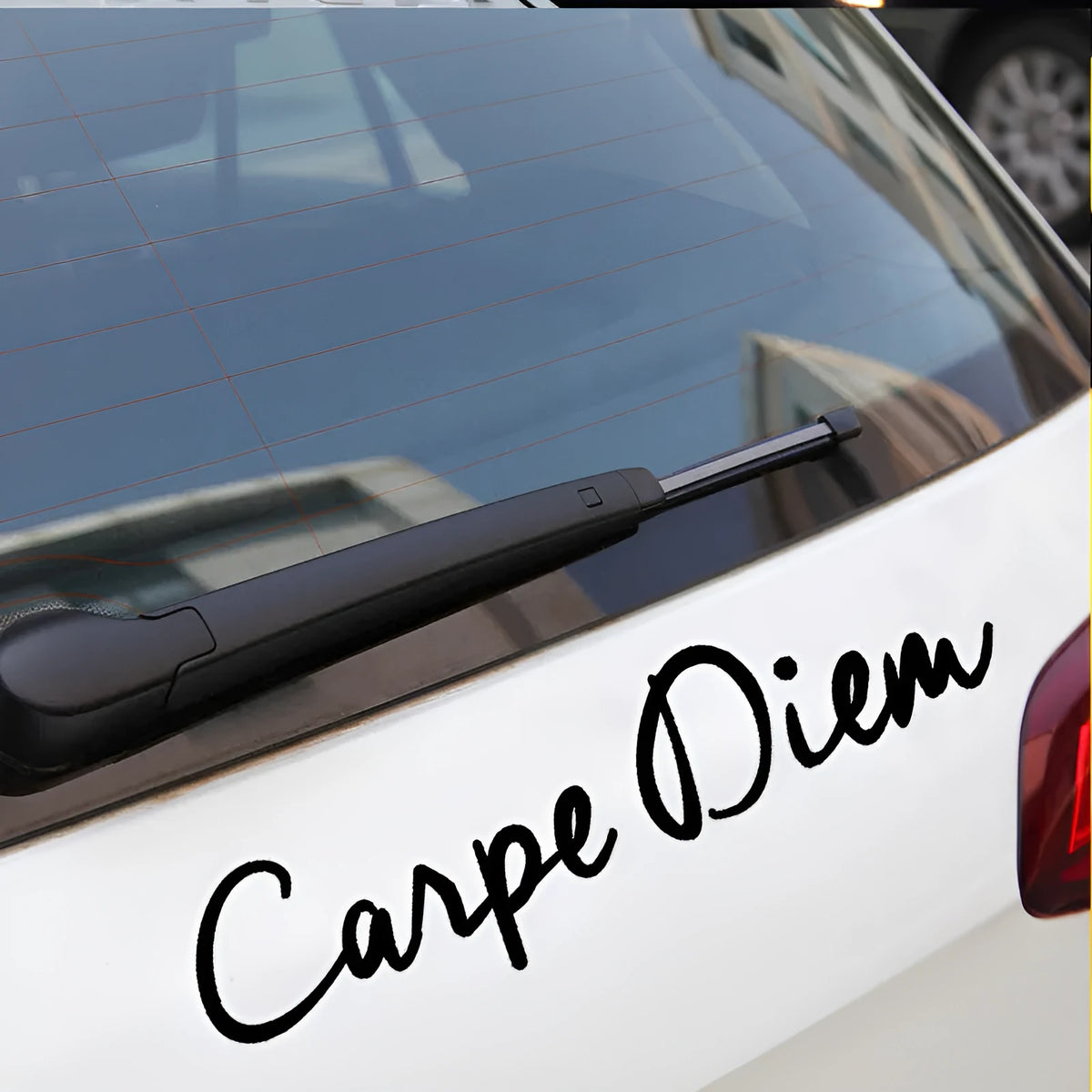 CARPE DIEM car sticker in white or black, adhesive text decal measuring 20.3 cm by 5 cm