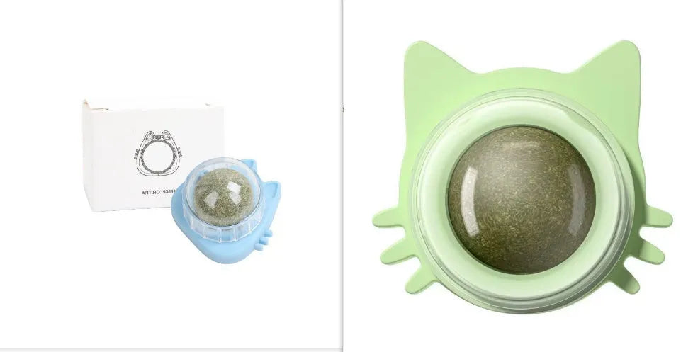 Colourful rotating catnip ball wall toy with edible mint material in cat face shape