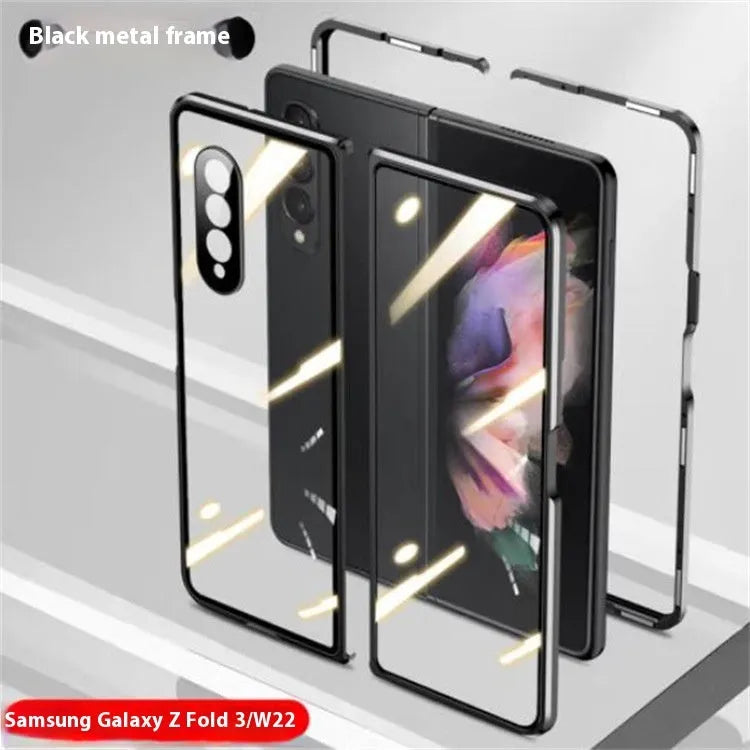 Samsung Z Fold magnetic suction glass phone case in transparent mirror finish with metal body and anti-fingerprint surface.