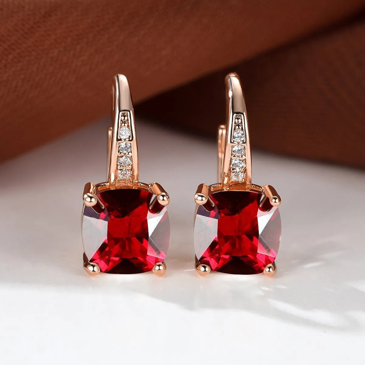 Square geometric ear hooks with round zircon inlays in gold, platinum, or rose gold finish