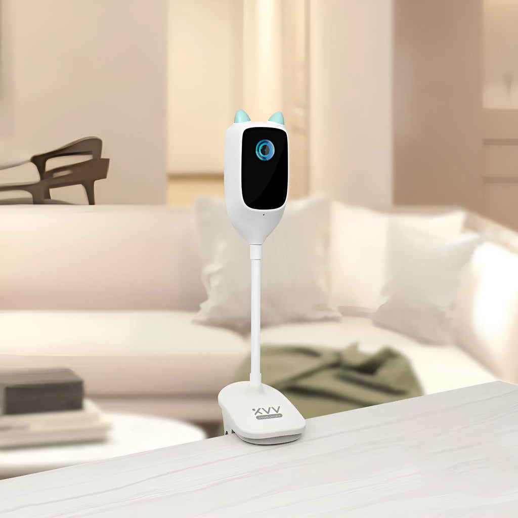 White transparent smart baby monitor with 1080p HD, infrared night vision and 150-degree ultra wide angle