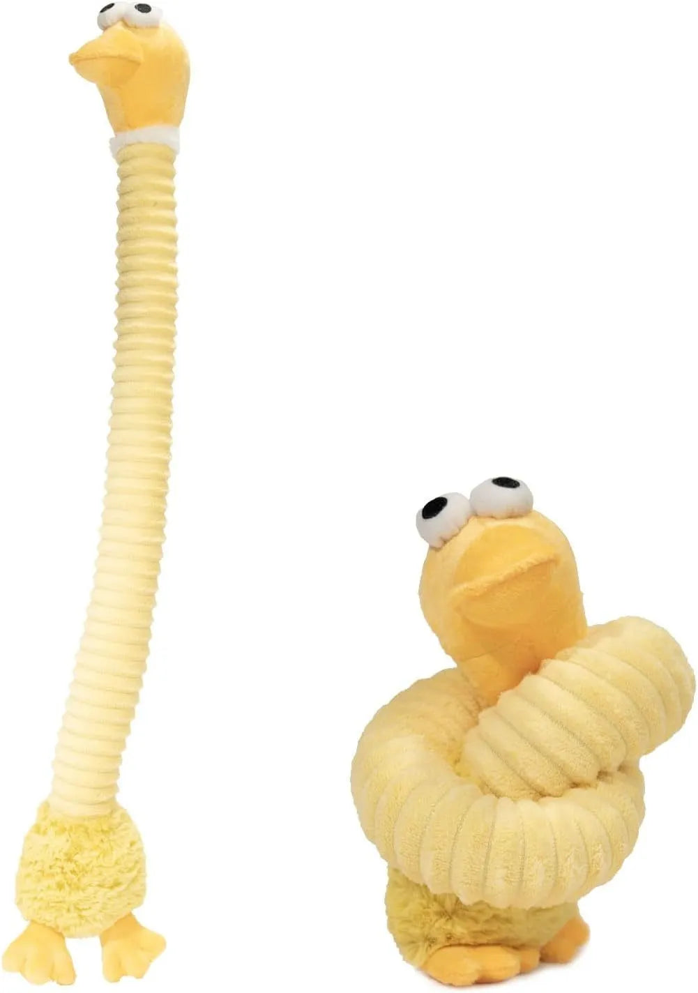 Plush stuffed squeaky dog toy with crinkle material in brown, grey and yellow colours for teething and play
