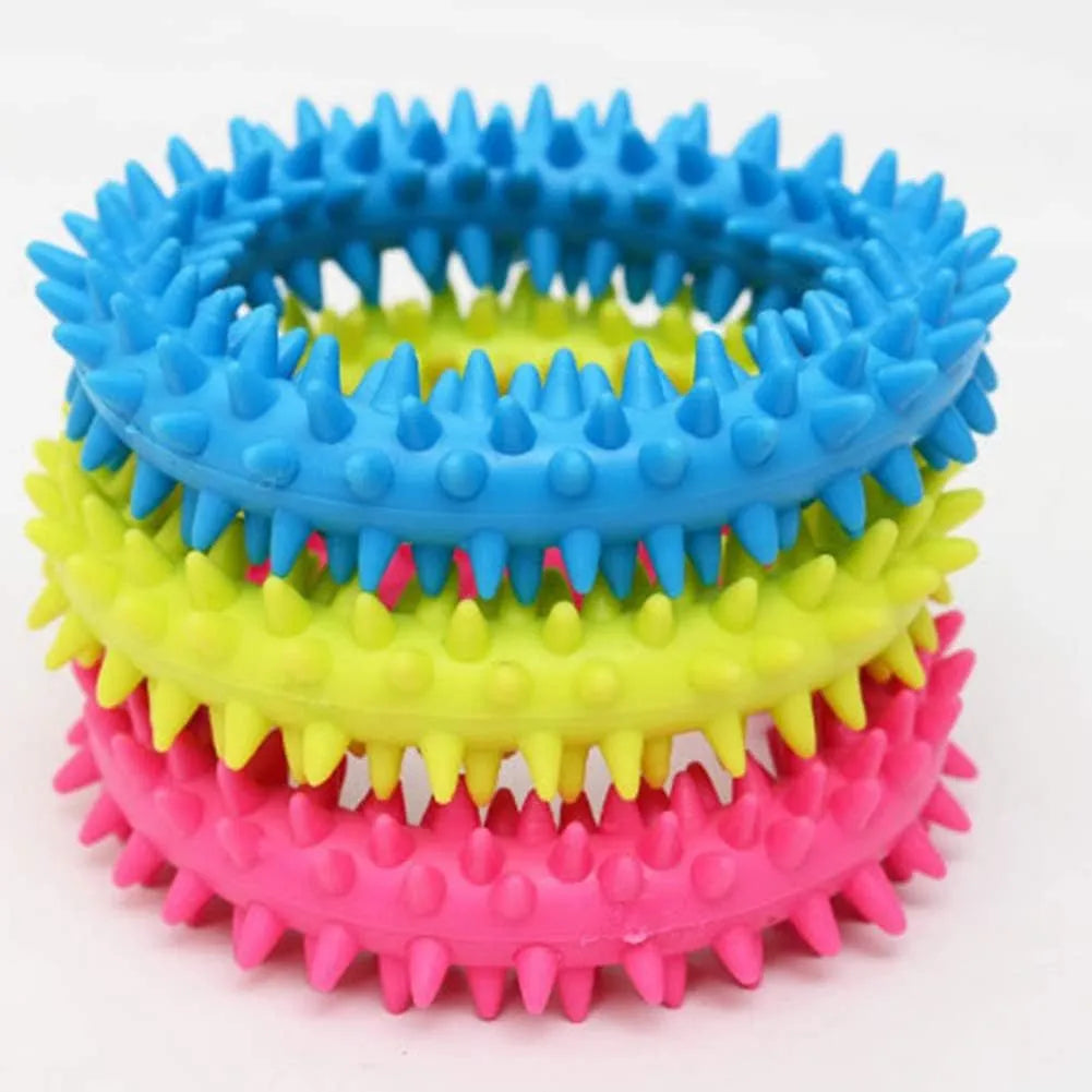 Blue spiky circle ring dog chew toy made from TPR for cleaning teeth and bite training.